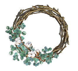 Branch wood frame with eucalyptus and cotton flowers. Beautiful flowers.
