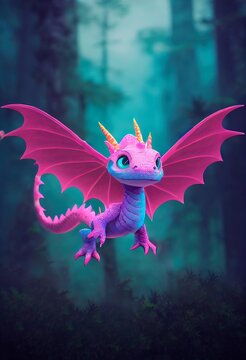 Portrait of a beautiful cute cartoon dragon. Image of a pink dragon. 3D rendering.