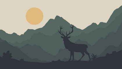 Bright and juicy shades.Beautiful background with mountains and deer.Beautiful mountains,deer and temple.Beautiful temple on the background of mountains. Minimalist background,wallpaper,template with 