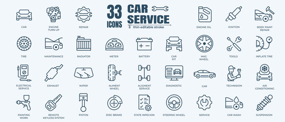 Car service icon set with editable stroke and white background. Auto service, car repair icon set. Car service and garage.  - obrazy, fototapety, plakaty