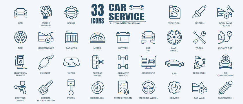Car service icon set with editable stroke and white background. Auto service, car repair icon set. Car service and garage. 