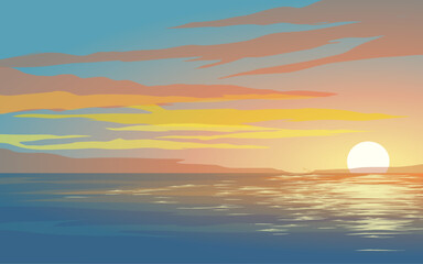 Beautiful sunset sky over ocean with colorful sky. Vector nature background