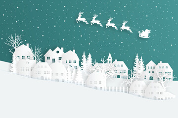 winter landscape with snow and trees. Santa Flying in the night on christmas. Winter lanscape with house, snow and tree. Paper cut vector design. The house in winter is covered with snow