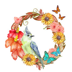 antique floral wreath with lovely bird and butterflies. watercolor painting. png
