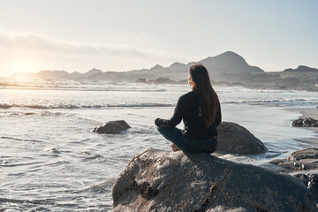 silhouette of a person sitting meditating on the rock on the coast at sunset back view