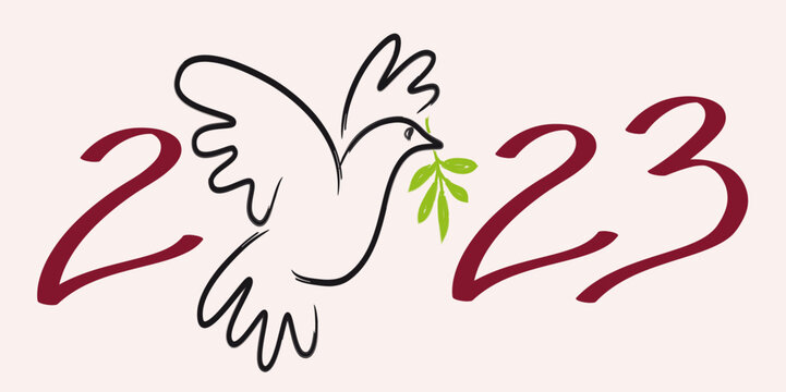 Illustration au trait d’une colombe avec un rameau d’olivier, pour souhaiter une année 2023 sous le signe utopique de la paix dans le monde.