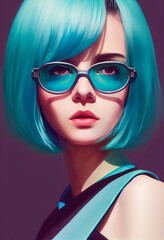 Fototapeta na wymiar A fantasy fictional beauty, a fashionable woman with blue hair and fashionable glasses. Creative beautiful gir. Generative AI