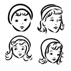 Isolated Doll Face. Closed Eyes. Pretty Face of Baby doll. Small . Line style. White background. Vector illustration.