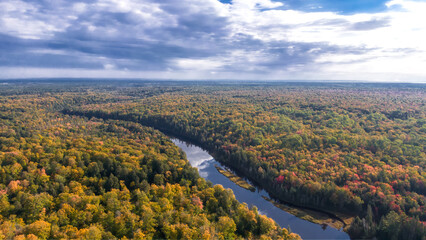 Aerial view of the Tahquamenon River in the fall