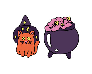 The cat is a wizard on Halloween. Funny witch kitten in a hat and a cauldron.
