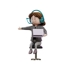 3d illustration female customer service holding laptop 