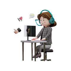 3d illustration female customer service play computer