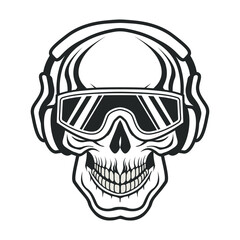 Hand drawn human skull wearing black and white sunglasses and headphone. Sketch style vector illustration isolated on white background. Outline vector skull in black. Tattoo