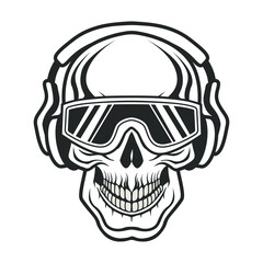 Hand drawn human skull wearing black and white sunglasses and headphone. Sketch style vector illustration isolated on white background. Outline vector skull in black. Tattoo