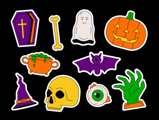 Vector illustration icon set of Halloween. Outline sticker, black background.  Bat, eye, potion, hat, bone, ghost, zombie hand, pumpkin, coffin, skull.