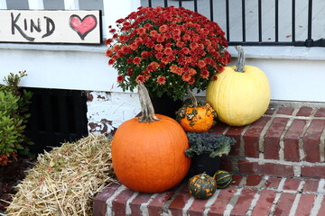 Autumn Front Porch Decor, Pumpkins and Mums on Brick Steps