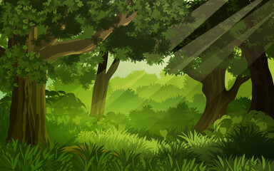 Cartoon dense forest illustration. Vector nature landscape