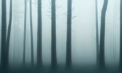 Obraz premium Silhouettes of trees in a misty forest. Misty forest trees in morning fog. Misty forest trees background. Misty forest in fog