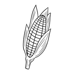 Ripe corn cob with leaves, vector illustration in cartoon style , Monochrome