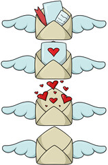 A set of beautiful romantic envelopes with cartoon-style wings, a declaration of love