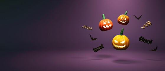Halloween theme with pumpkin ghosts and bats - 3D
