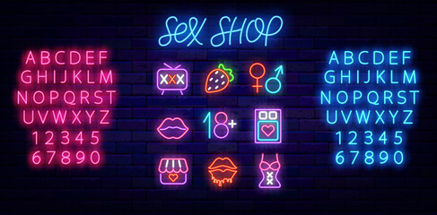 Sex shop neon icons collection. Intimate store advvertising lettering. Adult toys set. Isolated vector illustration