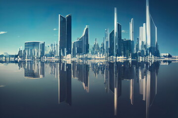 Futuristic city skyline with water reflection, clear blue sky, cg illustration
