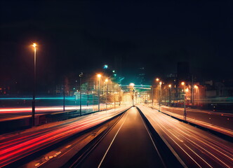 Fototapeta premium Night city lights, long exposure vehicle lights, cg illustration