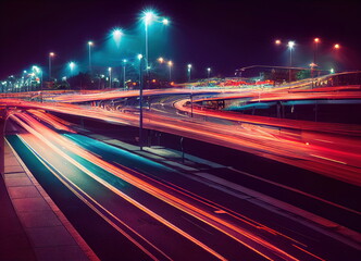 Fototapeta na wymiar Night city lights, long exposure vehicle lights, cg illustration