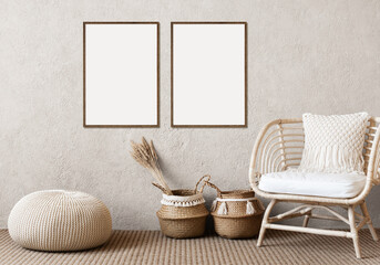 Blank picture frame mockup on a wall in rustic interior. Artwork template mock up in interior design. View of modern boho style interior with chair