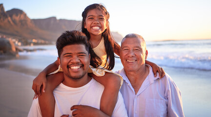 Family smile while on beach summer vacation in Indonesia during sunset. Happy father, grandfather...