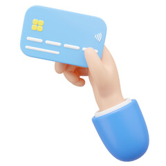 3D Hand holding credit card and float isolated on transparent. Online store credit card, debit cards accept. Withdraw money, Easy shopping, Cashless society concept. Cartoon smooth. 3d rendering.