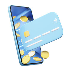 3D Credit card, money coin flew out phone on transparent. Mobile banking, Online payment service. Virtual card, business financial concept. Smartphone money transfer. cartoon icon smooth. 3d render.