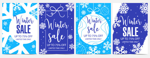 Winter sale banner for Christmas or New Year holiday discount season. Vertical vector sale poster, flyer, leaflet with snowflakes and Christmas tree decorations for winter holidays shopping promotion.