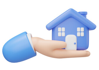 3D Hand holding house icon. Toy home in hand float isolated on transparent. Investment, real estate, mortgage, offer of purchase, loan concept. Mockup Cartoon minimal icon. 3d render illustration.