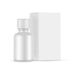 Cosmetic or Medical Bottle With Screw Cap and Packaging Box, Side View, Isolated on White Background. Vector Illustration