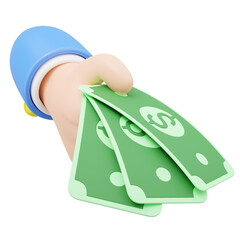 Payment icon for shopping online. 3D Hand holding banknote. Cartoon businessman wearing suit holds money floating isolated on transparent. Withdraw money, Easy shopping concept. 3d minimal rendering.