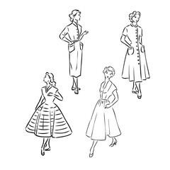 Vintage vector people set. fashion style set. Group of retro woman and man. style, sketch style, engravings with people