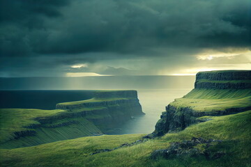 Stormy moody weather over the cliffs next to the ocean, beautiful landscape background wallpaper - obrazy, fototapety, plakaty