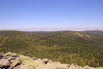 A view to the landscape from the stony top of the famous mountain Lusen at the border of Germany