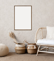Blank picture frame mockup on a white wall. Portrait orientation. Artwork template mock up in interior design. View of modern boho style interior with chair.
