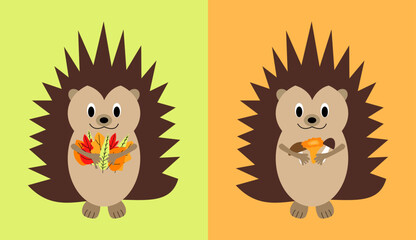 cute cartoon hedgehog with autumn leaves and mushrooms vector illustrationvector illustration