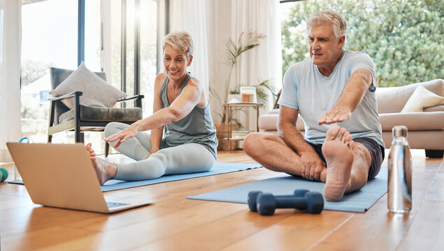 Meditation, senior couple and tutorial exercise for workout, training and health for wellness and relax at home. Retirement, man and woman streaming with laptop to do yoga, fitness and stretching.
