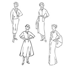 Vintage vector people set. fashion style set. Group of retro woman and man. style, sketch style, engravings with people