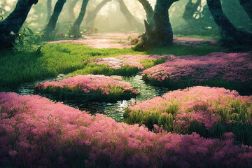 Naklejka premium Garden of Eden, many colorful blossoming flowers, stream going through the forest
