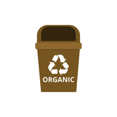 Trash can vector illustration with organic recycling symbol in brown color.