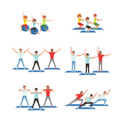 Young Male and Female Doing Physical Exercises on Mat During Aerobics Class Vector Set