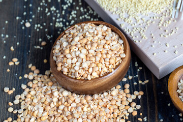 Raw, dry and not cooked porridge of peas on the table