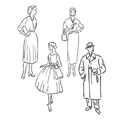 Vintage vector people set. fashion style set. Group of retro woman and man. style, sketch style, engravings with people