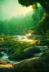 Obraz premium Beautiful forest sunset landscape, lush green foliage, sun shines through the leaves, garden of eden